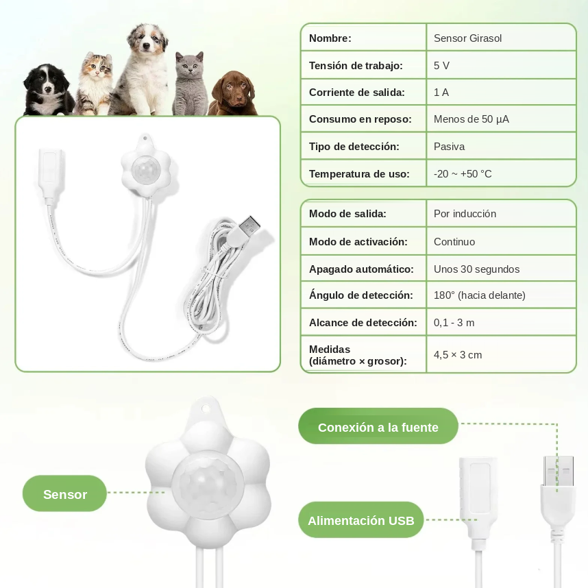 Sensor de Movimiento USB para Fuentes de Agua de Mascotas (fuente no incluida)