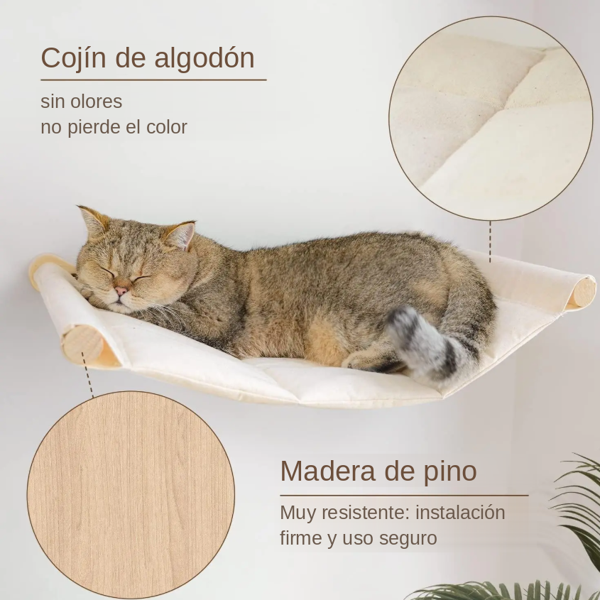 Hamaca de Pared para Gatos de Madera de Pino con Cojín de Algodón