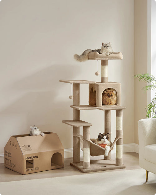 Árbol Rascador para Gatos de 143 cm con Cueva, Hamaca y 4 Postes de Sisal