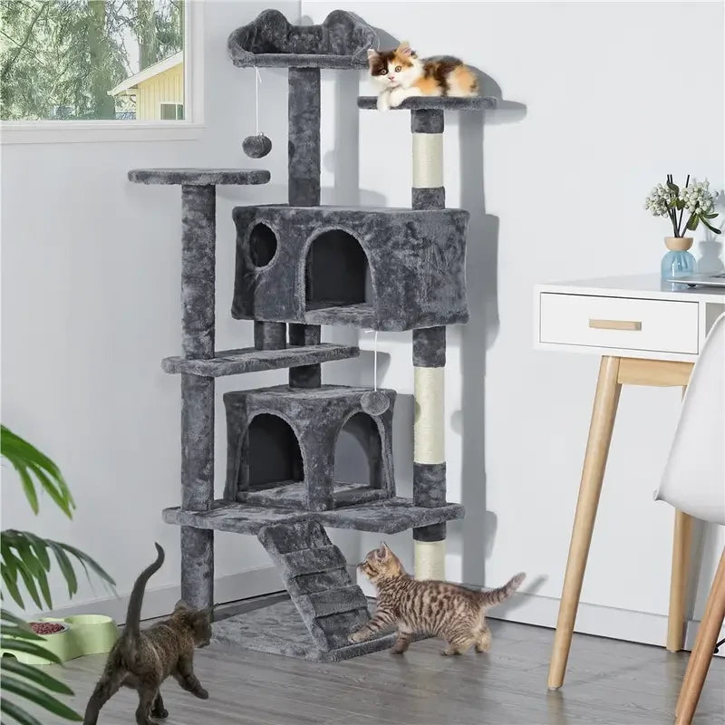 Casa Rascador Grande para Gatos con 2 Casetas y Postes Rascadores