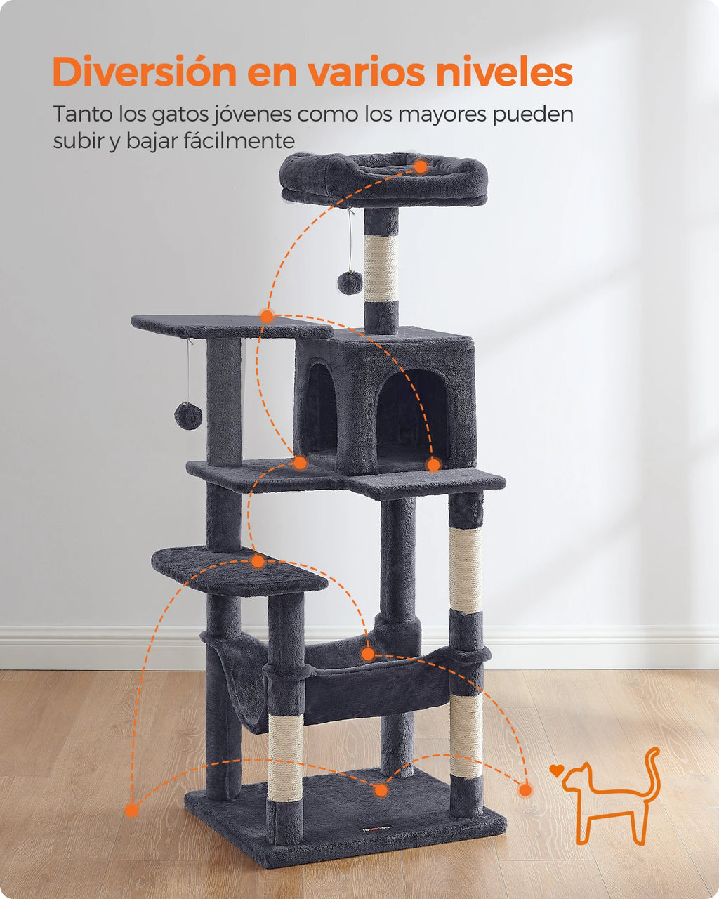 Árbol Rascador para Gatos de 143 cm con Cueva, Hamaca y 4 Postes de Sisal