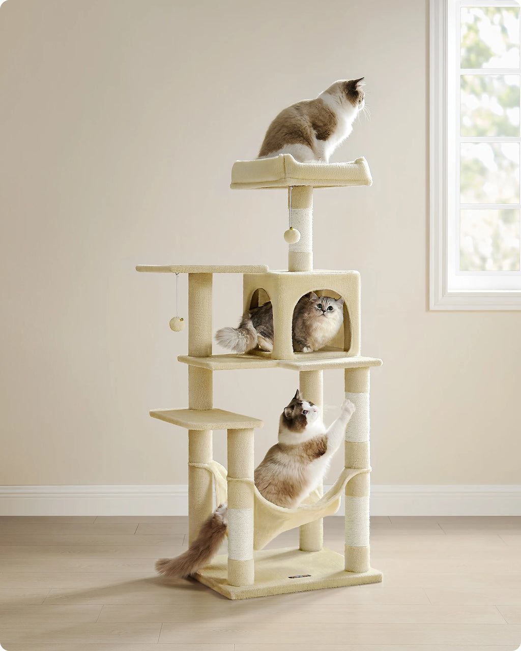 Árbol Rascador para Gatos de 143 cm con Cueva, Hamaca y 4 Postes de Sisal