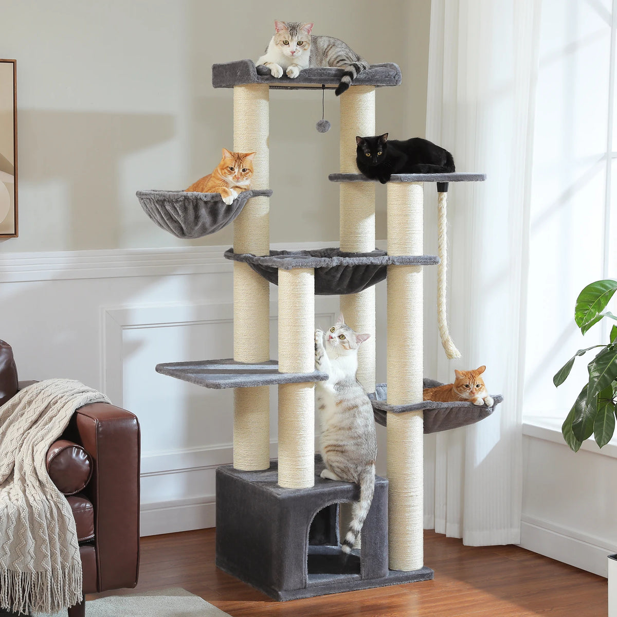 Árbol Rascador Grande para Gatos de 170 cm con Cueva, Cesta y Hamacas