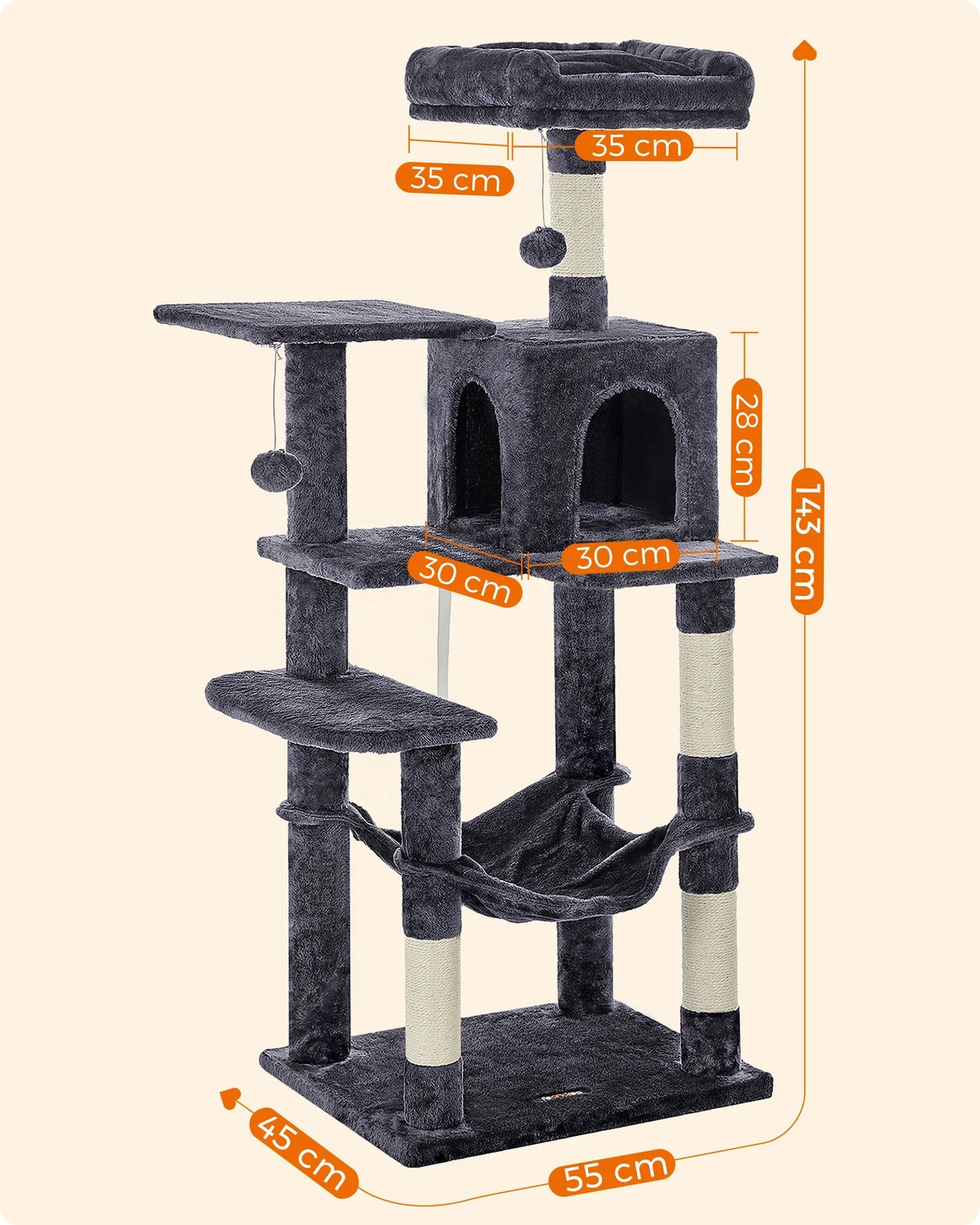 Árbol Rascador para Gatos de 143 cm con Cueva, Hamaca y 4 Postes de Sisal