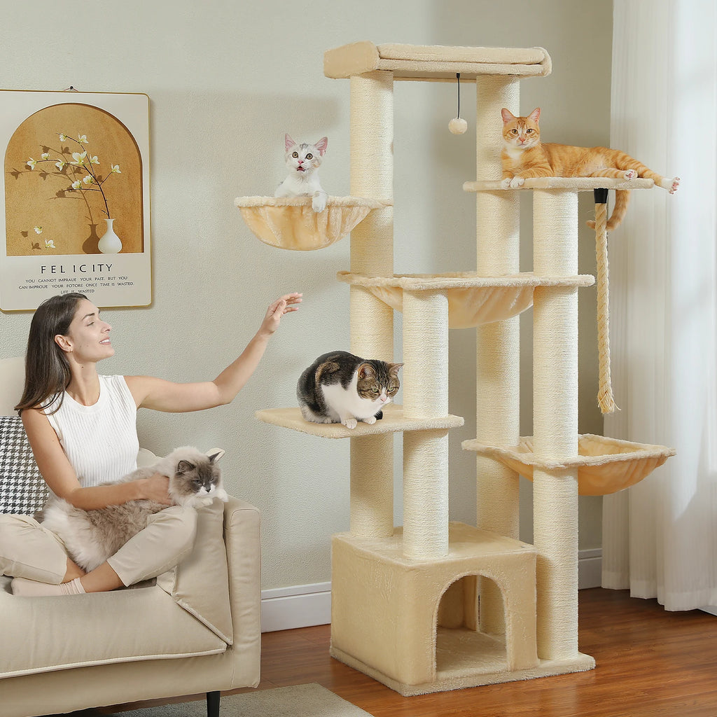 Árbol Rascador Grande para Gatos de 170 cm con Cueva, Cesta y Hamacas