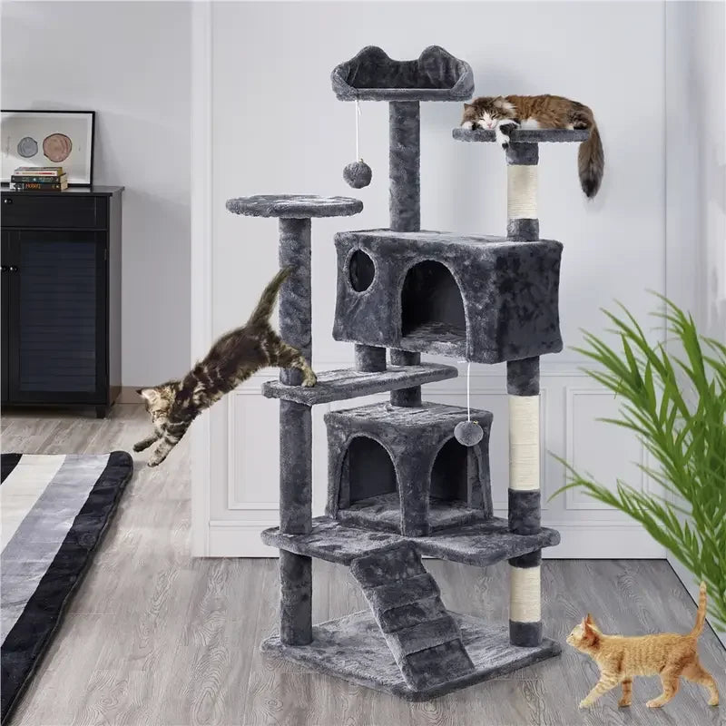 Casa Rascador Grande para Gatos con 2 Casetas y Postes Rascadores