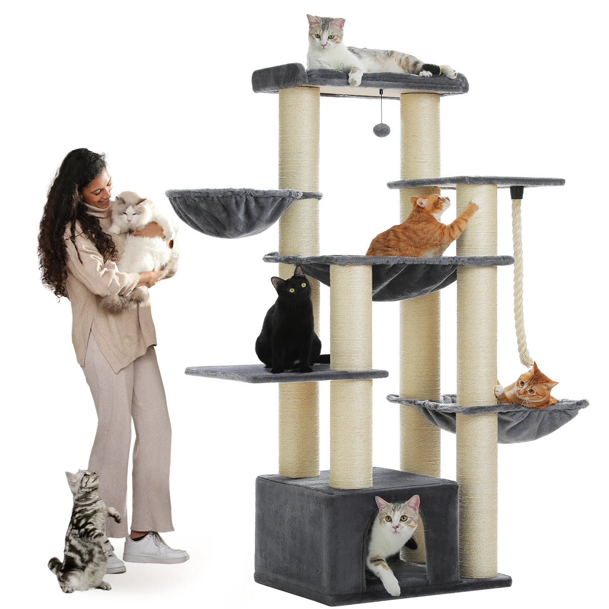 Árbol Rascador Grande para Gatos de 170 cm con Cueva, Cesta y Hamacas