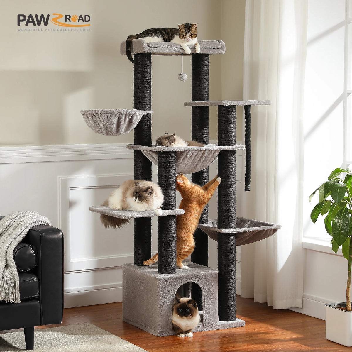 Árbol Rascador Grande para Gatos de 170 cm con Cueva, Cesta y Hamacas