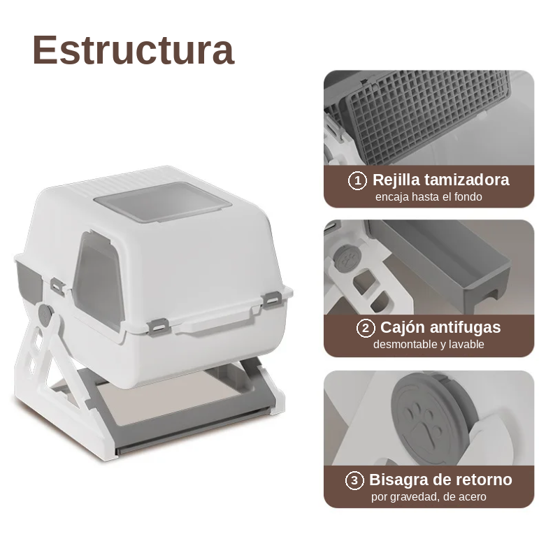 Arenero Autolimpiable Semiautomático Extra Grande Antisalpicaduras para Gatos