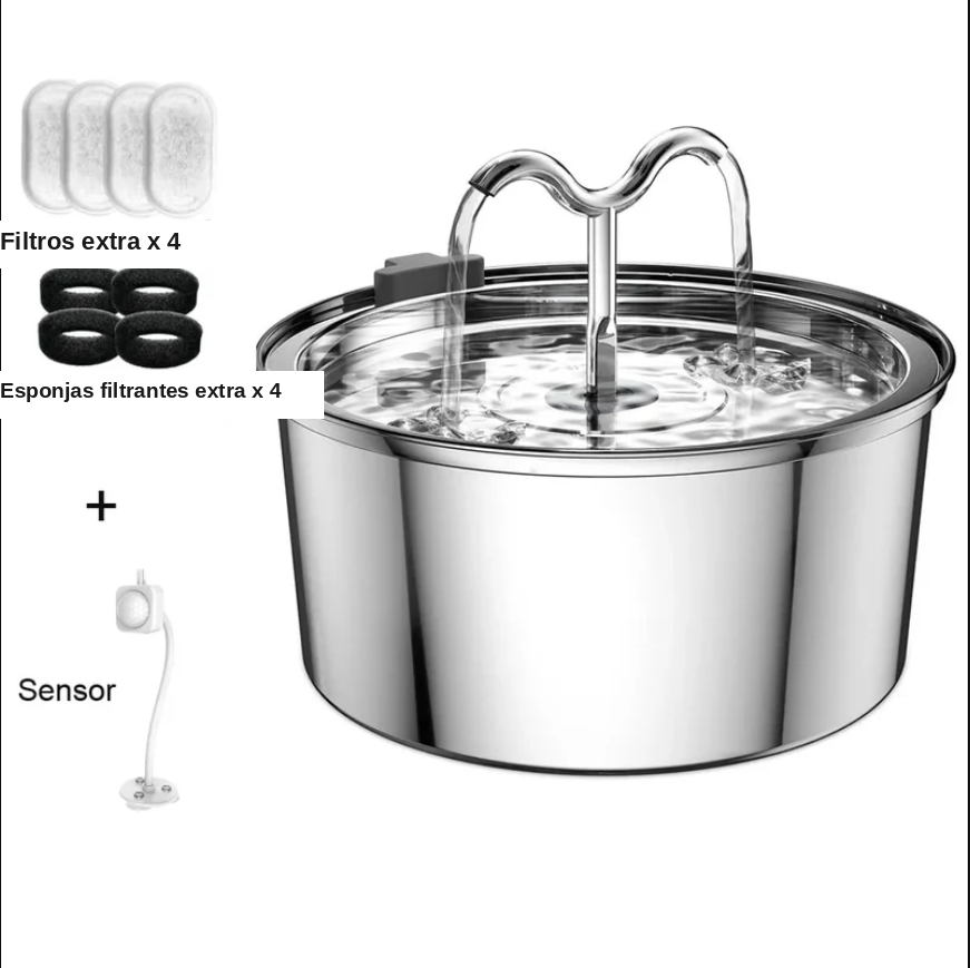 Fuente de Agua Acero Inoxidable 3L Silenciosa para Gatos y Perros