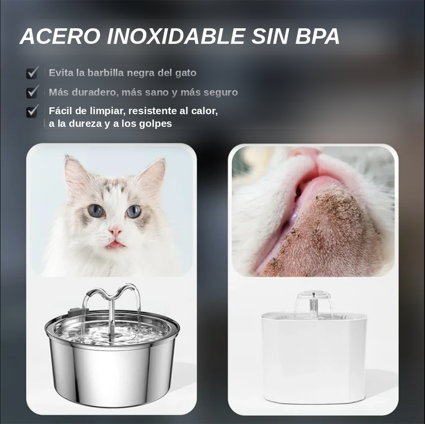 Fuente de Agua Acero Inoxidable 3L Silenciosa para Gatos y Perros