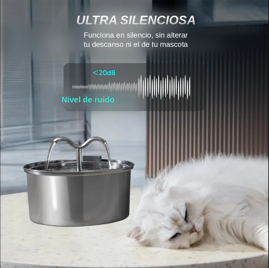 Fuente de Agua Acero Inoxidable 3L Silenciosa para Gatos y Perros