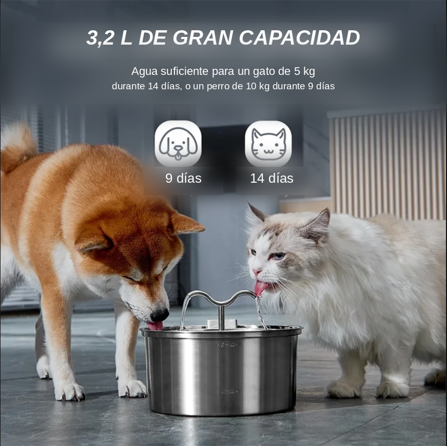 Fuente de Agua Acero Inoxidable 3L Silenciosa para Gatos y Perros
