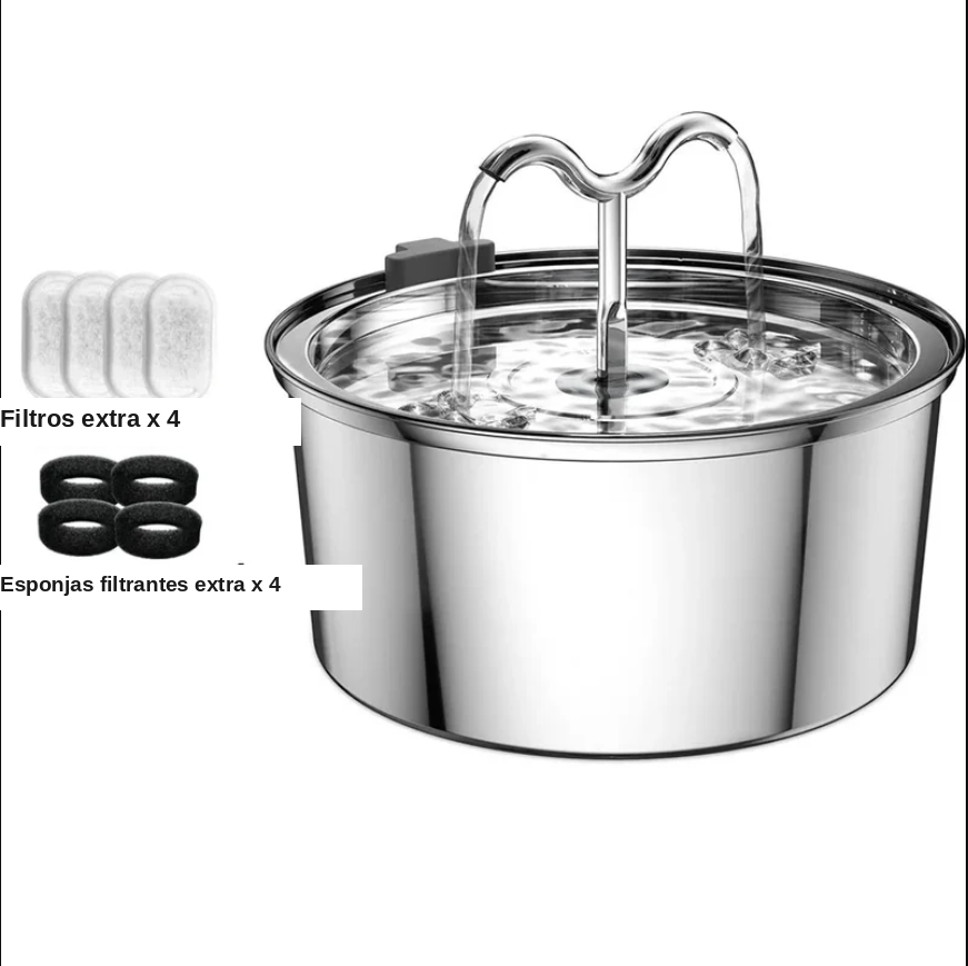 Fuente de Agua Acero Inoxidable 3L Silenciosa para Gatos y Perros