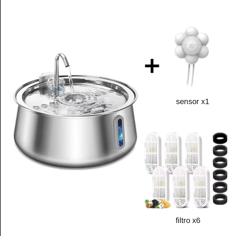 Fuente de Agua Acero Inoxidable 4L con Filtración Multicapa para Gatos y Perros