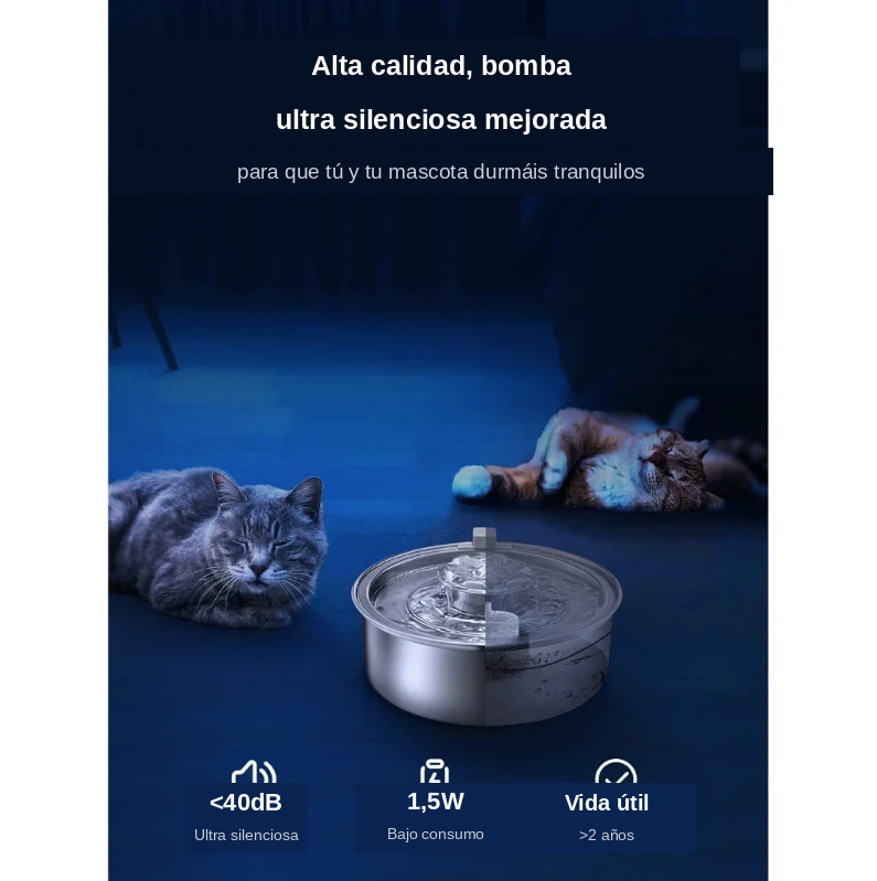 Fuente de Agua Acero Inoxidable 304 2L con Luz LED para Gatos y Perros